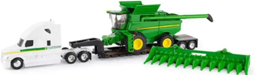 John Deere S780 Combina con Freightliner y remolque Lowboy, escala 1/64