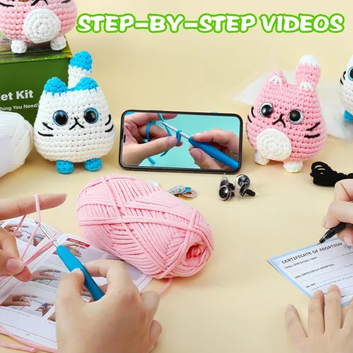 Vista 4 de Woohobby Kit de ganchillo para principiantes y adultos, tutoriales en video paso a paso, paquete de 2 unidades, kit de animales de ganchillo
