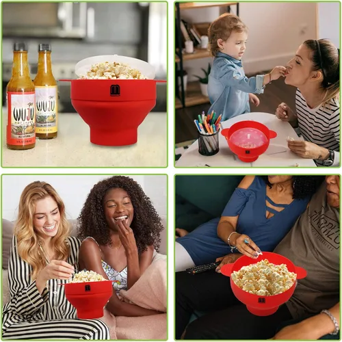 Vista 7 de MMUGOOLER - Máquina de palomitas de maíz de silicona para hacer palomitas de maíz para microondas, cuenco plegable con tapa, sin BPA y apto