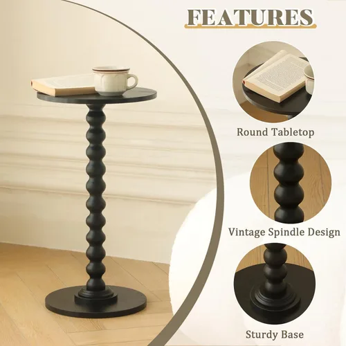 Vista 5 de Mesa auxiliar redonda, mesa pequeña para bebidas para espacios pequeños, mesa auxiliar moderna con patas de madera maciza para sala de estar, Negro