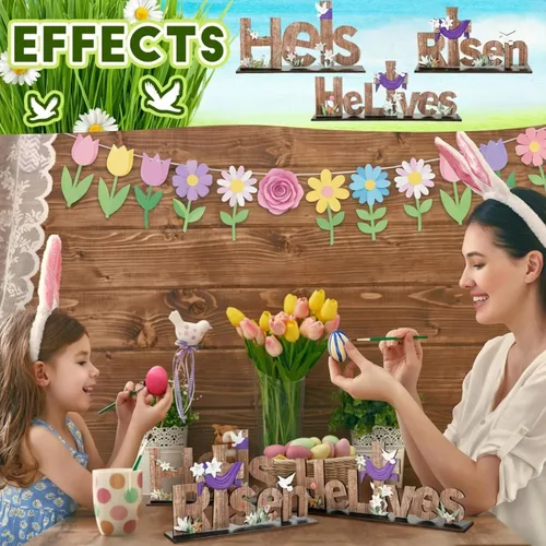 Vista 4 de Marsui 3 piezas de decoraciones de Pascua con texto en inglés «He is resucitado», letreros de madera con texto en inglés «He is resucitado»