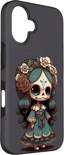 Vista 3 de Funda para iPhone 16 Chibi La Calavera Catrina con diseño de muñeca Dia De Los Muertos