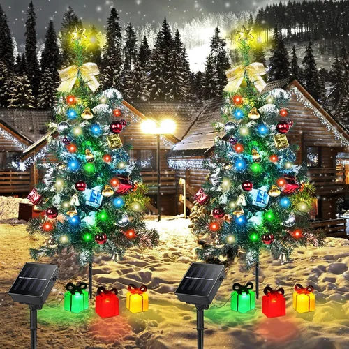 Vista 8 de Adecorty Decoraciones Solares para Árbol de Navidad Luces Exteriores Paquete de 2 con 60 LED 44 Adornos Navideños 6 Cajas de Regalo Iluminadas 8