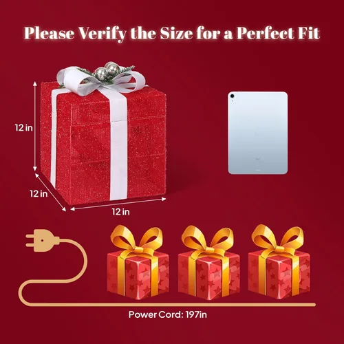 Vista 7 de VINGLI Caja de regalo iluminada roja de 12 pulgadas, muñeco de nieve iluminado, Papá Noel, decoración eléctrica de Navidad, luces LED