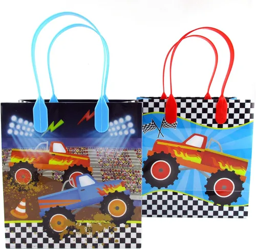 Vista 4 de TINYMILLS Bolsas de regalo con temática de camión monstruo con asas, bolsas de dulces de camión monstruo para fiestas de cumpleaños, decoración