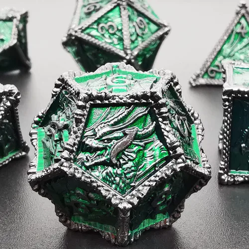 Vista 6 de MJDICEOK Juego de dados de dragón de metal DND, 7 dados para juegos de rol D&D Dungeons and Dragons (negro níquel verde)