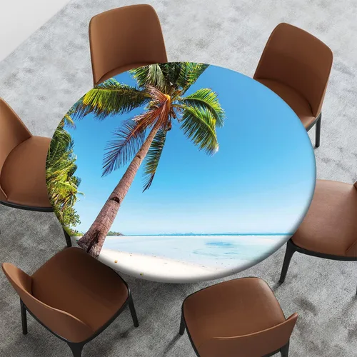 Vista 41 de Cubierta redonda con diseño de playa, borde elástico, picnic al aire libre, patio, fiesta o comedor interior, decoración de mesas de comedor, azul