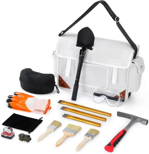 Kit de 15 martillos de geología, juego de equipo de caza de rocas con martillo de roca de acero de 21 onzas, 3 cinceles de excavación, gafas de