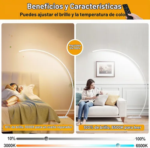 Vista 4 de Lámparas LED de cobertura ultra ancha de 2000 lm para sala de estar con 3 temperaturas de color, lámparas de pie de arco regulables blancas, lámpara