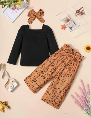 Vista 4 de Ropa para niña, ropa de niña pequeña, cuello cuadrado, manga larga, pantalones a rayas, diadema, 3 piezas, conjunto de ropa de otoño