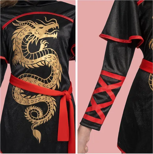 Vista 4 de Spooktacular Creations Conjunto de disfraz de dragón ninja definitivo negro y rojo para niños, niñas, disfraz de Halloween