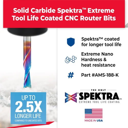 Vista 2 de Amana Tool AMS-188-K 4-Pc CNC de carburo sólido Spektra Extreme Tool Life Coated SignmakingEngraving CNC Router Bit Pack 14 Inch Shank
