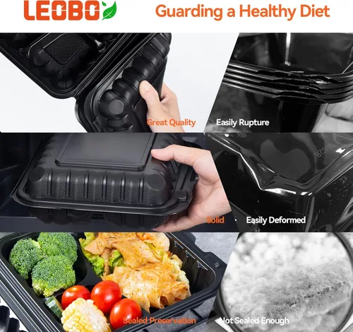 Vista 4 de Contenedor para Llevar de Plástico PP Relleno de Minerales - 7.8 Pulgadas 30oz Paquete de 65 Sin BPA 3 Compartimentos Envoltura Retráctil Caja Bento