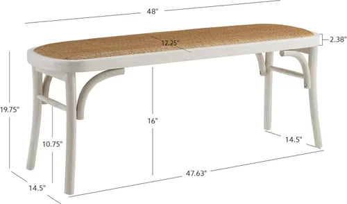 Vista 3 de Linon Banco Hank de madera curvada blanca con asiento de ratán tejido natural