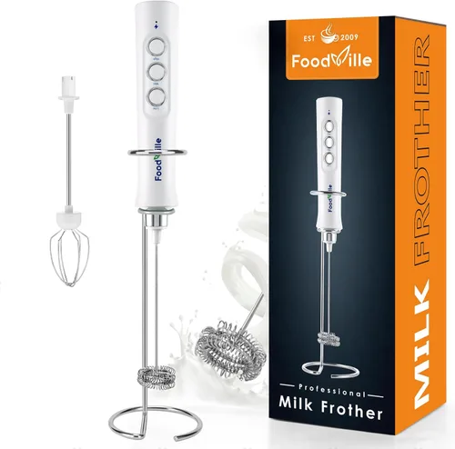 Vista 11 de FoodVille MF02 - Espumador de leche recargable de mano con batidor de acero inoxidable para capuchino, café con leche, café a prueba de balas, dieta