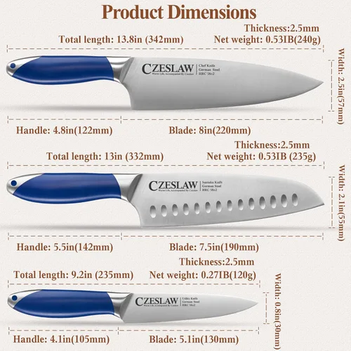 Vista 5 de Juego de cuchillos, juego de cuchillos de cocina de 3 piezas - Razor Sharp Professional Japanese Chef Knife Set, forjado de acero alemán de alto