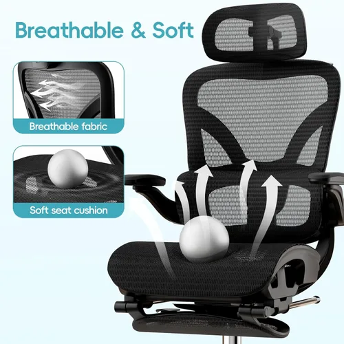 Vista 5 de Alllion Silla de oficina ergonómica de malla, silla de escritorio para el hogar cómoda con respaldo alto, soporte lumbar ajustable, reposacabezas