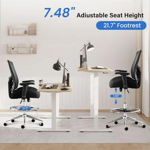 Vista 4 de Silla de dibujo ergonómica alta para escritorio de pie, cojín extra ancho de 21 pulgadas, brazos ajustables, ruedas de bloqueo de presión, malla