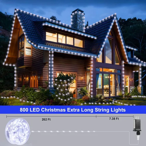 Vista 2 de Luces de Navidad de 262 pies, 800 luces LED para exteriores, alambre transparente para árbol de Navidad con 8 modos impermeables, tira de luces