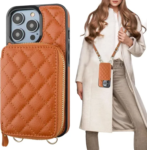 Vista 15 de Bocasal Funda tipo cartera cruzada para iPhone 14 Pro, con bloqueo RFID, de piel sintética, con cremallera, funda tipo cartera con función atril