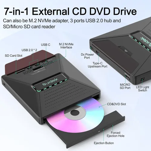 Vista 2 de SUIDEK Unidad Externa de CD DVD para Laptop, Grabador Lector Portátil de CD DVD +/-RW 7 en 1 con Interfaz M.2 NVMe, Ranuras para Tarjetas SD/Micro