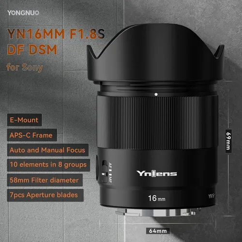 Vista 2 de Yongnuo Lente YN16MM F1.8S para Sony E-Mount, lente Prime gran angular de 0.630 in, lente de enfoque automático con marco APS-C de gran apertura F1.8