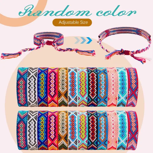 Vista 2 de Henoyso 48 Pieces Nepal Woven Friendship Bracelets Bulk Adjustable Braided Bracelets Woven String Bracelet with Sliding Knot Closure for Women Men