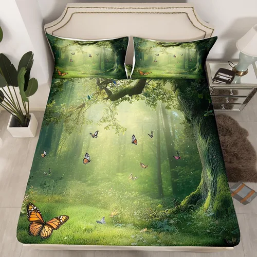 Juego de sábanas bajeras de selva tamaño individual, diseño de mariposas de ensueño, para niños, niños, ramas de árbol, juego de decoración de cama