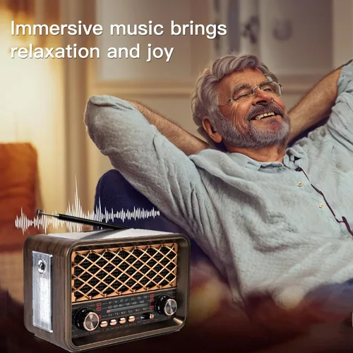 Vista 5 de Radio de transistor retro, altavoz Bluetooth portátil manos libres con batería AM FM SW Radio, reflector LED, batería recargable de iones de litio