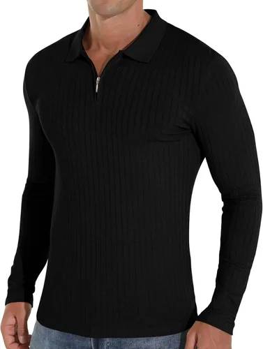 Vista 3 de Askdeer Camisas polo para hombre, con cremallera, clásicas, elásticas, ajustadas, casuales y de trabajo