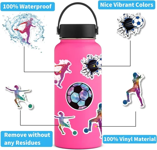 Vista 4 de Calcomanías de fútbol 100 calcomanías de vinilo impermeables de fútbol para botellas de agua, laptop, automóvil, equipaje, computadora, teléfono