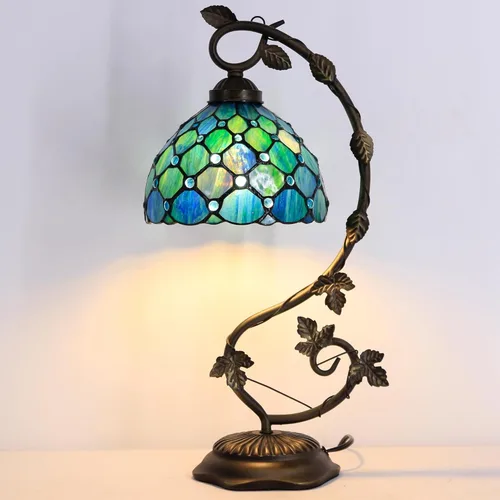 Vista 3 de Tiffany Lamp Stained Glass Table Lamp Metal Leaf Desk Reading Light 8X10X21 Inch Decor Small Space Bedroom Home Office (Sea Blue Pearl)