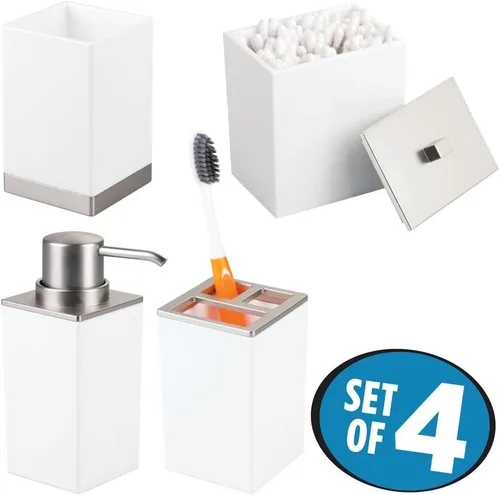 Vista 2 de mDesign - Juego de accesorios para encimeras de baño de plástico, incluye bomba dispensadora de jabón, soporte para cepillos de dientes dividido