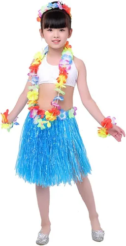 Vista 2 de Juego de 5 piezas de falda hawaiana de hula para niñas con disfraz de flor para fiesta Luau, kit de accesorios de baile