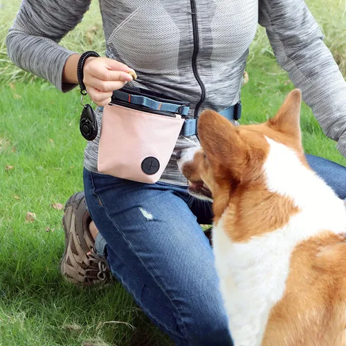 Vista 6 de Bolsa de golosinas para perros con clicker de entrenamiento de mascotas, kit de bolsa de entrenamiento para perros, cierre magnético, entrenamiento