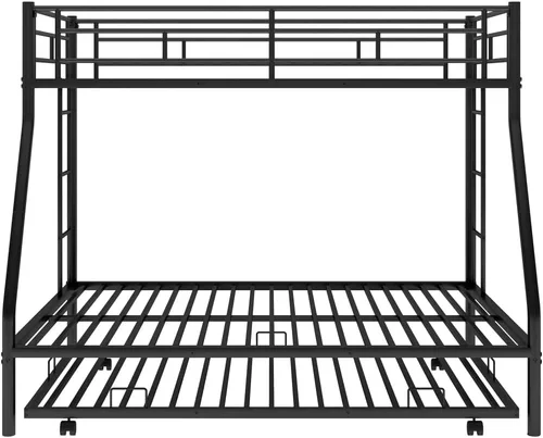 Vista 7 de Litera de metal individual sobre matrimonial con nido, marco de cama resistente con 2 escaleras, color negro