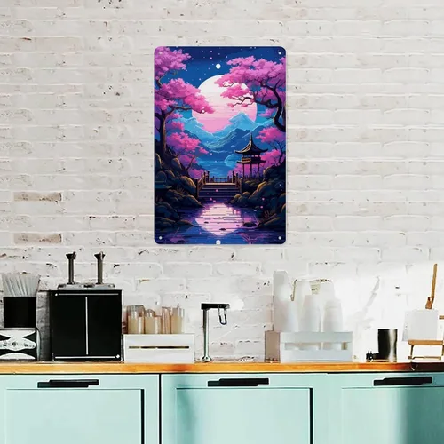 Vista 4 de Metal Tin Sign 12 X 8 Inch - Synthwave Garden Pixel Art - Poster Metal Plaque, For Cafe, Bar, Home Wall Decor