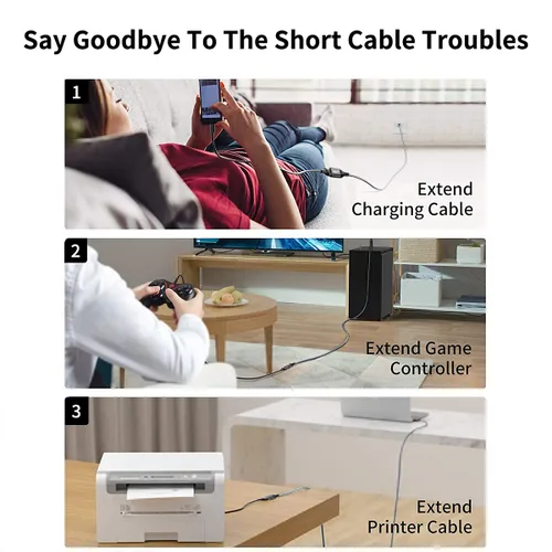 Vista 5 de Cable de extensión USB 3.0 de 10 pies + 10 pies, paquete de 2 unidades, cable de extensión USB de sincronización de datos de 5 Gbps USB tipo A macho