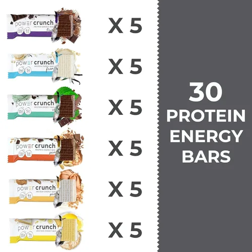 Vista 3 de Barritas de proteína Power Crunch, paquete surtido, en 6 sabores, barras de 1,4 onzas (30 unidades). Snacks altos en proteínas con delicioso sabor