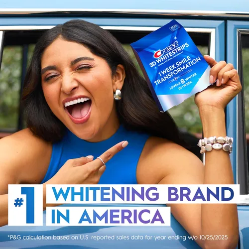 Vista 15 de Crest 3DWhitestrips - Kit de blanqueamiento dental en casa para transformación de sonrisa de 1 semana, 14 tratamientos, 8 niveles más blancos en 1