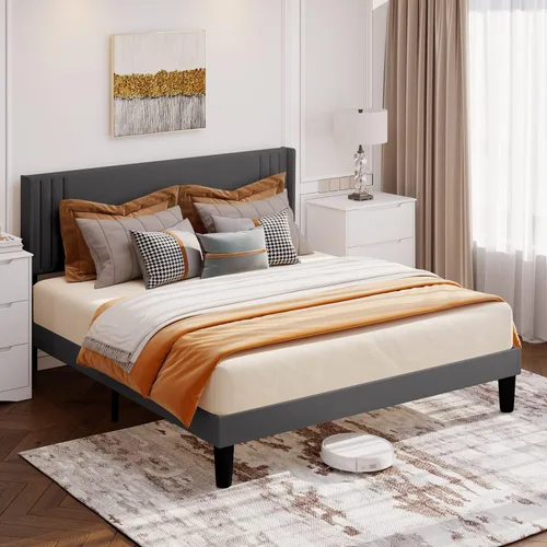 Vista 4 de Gizoon Base de cama matrimonial con cabecera de ala, plataforma tapizada con cabecera geométrica moderna, listones de madera, sin ruido, no necesita