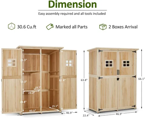 Vista 3 de MCombo Armario de almacenamiento grande de madera para exteriores con 2 estantes, cobertizo de almacenamiento de jardín de gran