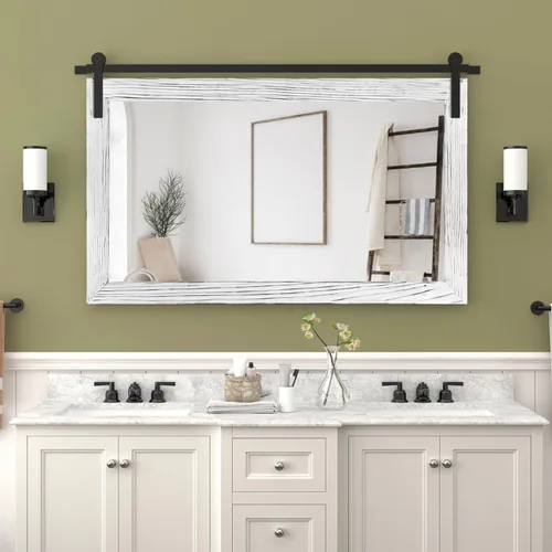 Vista 66 de COGOOD Espejo de puerta de granero de granja, 25 x 18 pulgadas, espejo decrativo con marco de madera rústica para baño, sala de estar, decoración