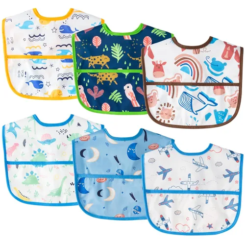 Vista 12 de 6 piezas de baberos impermeables para niños pequeños con bolsillo recogemigas, juego de baberos para bebés con ajuste para dientes de leche, baberos