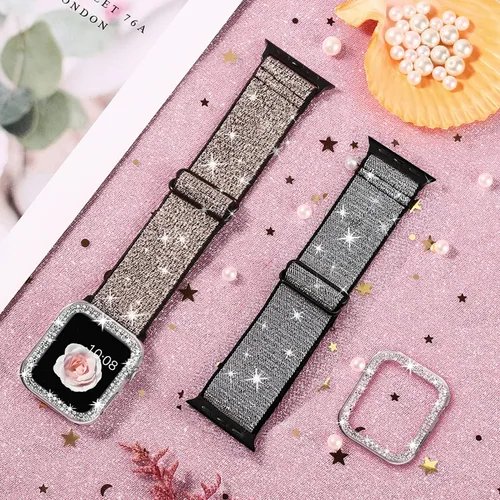 Vista 4 de 2 Pack Bling Stretchy Watch Bands Compatible with Apple Watch Band 40mm 41mm 44mm 45mm iWatch Series 11 10 9 8 7 6 5 4 SE, Adjustable Nylon