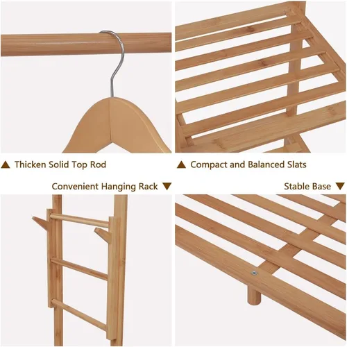 Vista 7 de Ufine Perchero de bambú para ropa de 6 niveles, estante colgante de ropa con ganchos laterales, estante de ropa resistente, organizador portátil