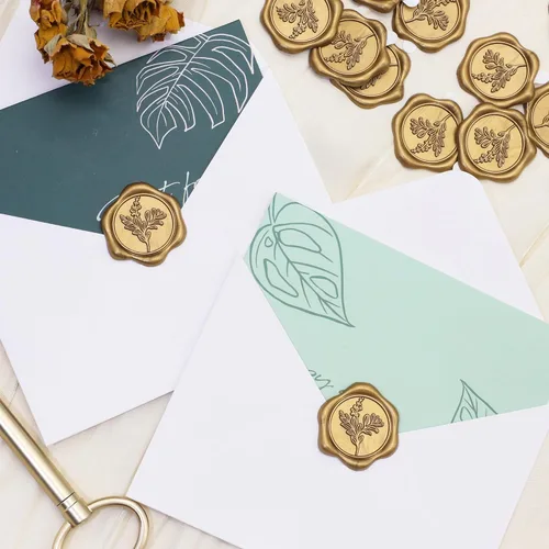 Vista 4 de SWANGSA 50 calcomanías de sello de cera de hojas de eucalipto, calcomanías de sellado de sobres de invitación de fiesta de boda de oro antiguo