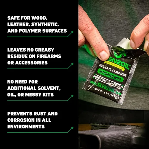 Vista 5 de CLENZOIL Field & Range Single-Use Saturated Gun Oil Wipe Packets Individual CLP Wipes One-Step Gun Cleaning Oil & Lubricant Field Wipes for