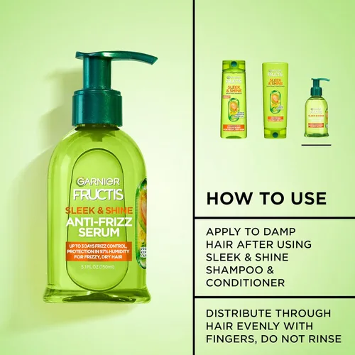 Vista 4 de Sérum anti frizz Garnier Fructis Sleek & Shine, frizzy, cabello seco, inmanejable, 5.1 onzas líquidas