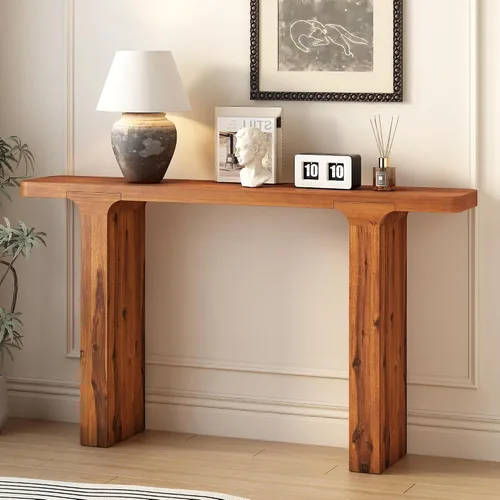 Vista 14 de Moderna mesa consola con 3 cajones de almacenamiento y mango de metal, elegante mesa de entrada de madera extra larga para pasillo, sala de estar